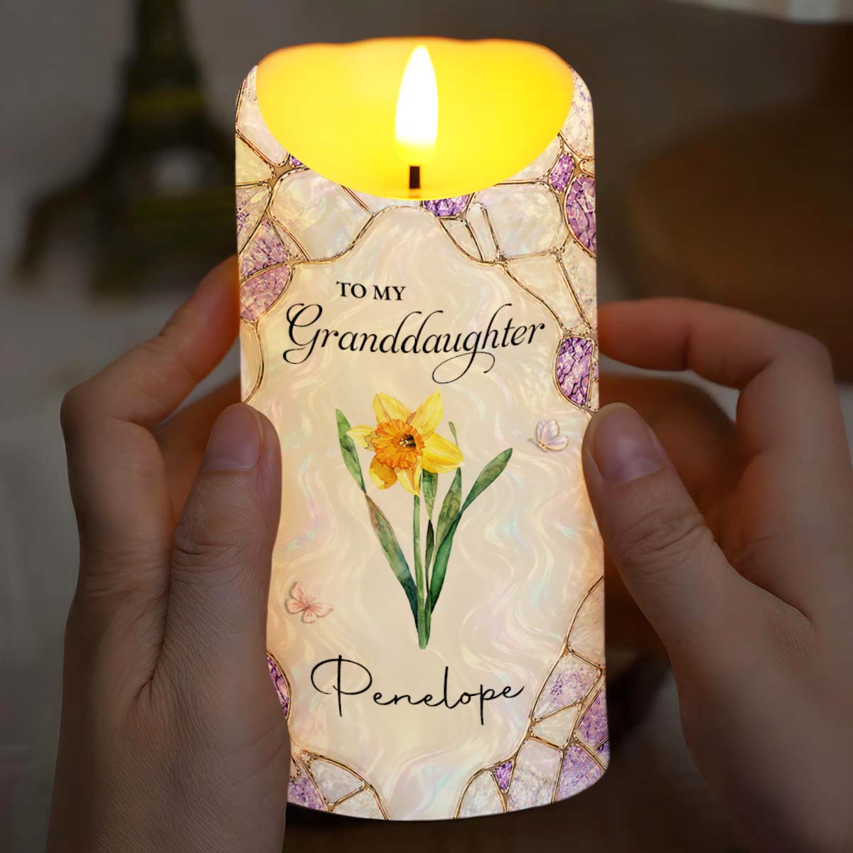 To My Granddaughter Never Forget I Love You Purple Flower Butterflies - Personalized Custom LED Candle - GDT762_LECA