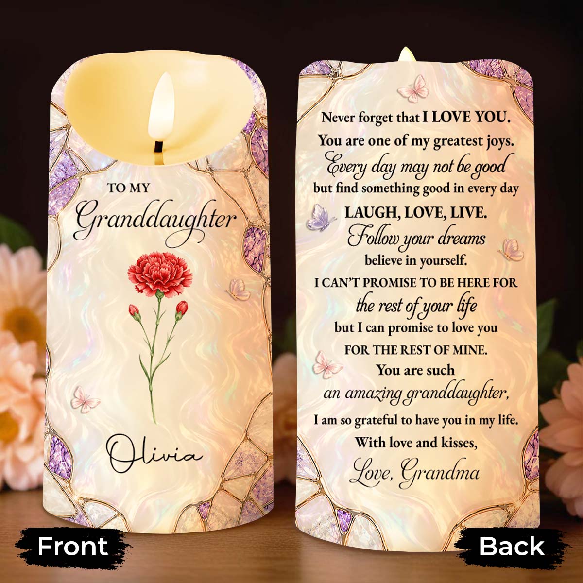To My Granddaughter Never Forget I Love You Purple Flower Butterflies - Personalized Custom LED Candle - GDT762_LECA