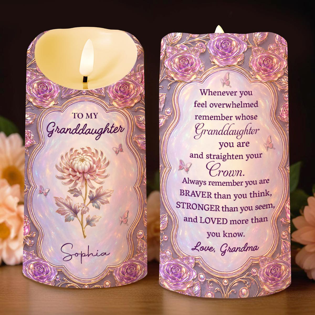 To My Granddaughter Straighten Your Crown Birth Month Flowers Roses - Personalized Custom LED Candle - GDT764_LECA
