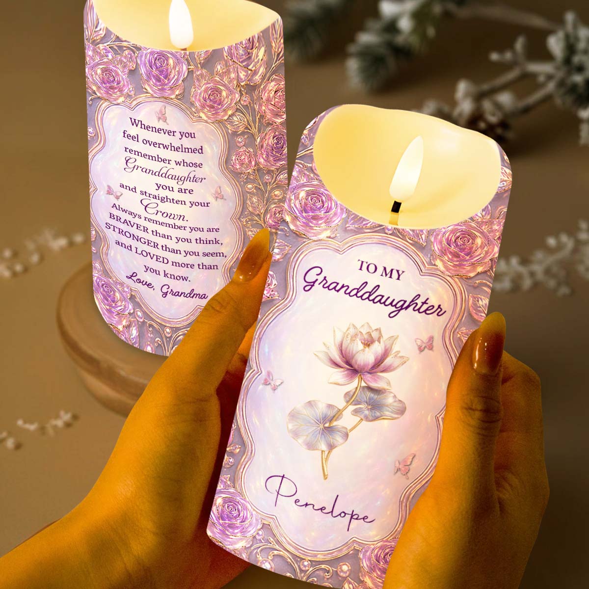 To My Granddaughter Straighten Your Crown Birth Month Flowers Roses - Personalized Custom LED Candle - GDT764_LECA