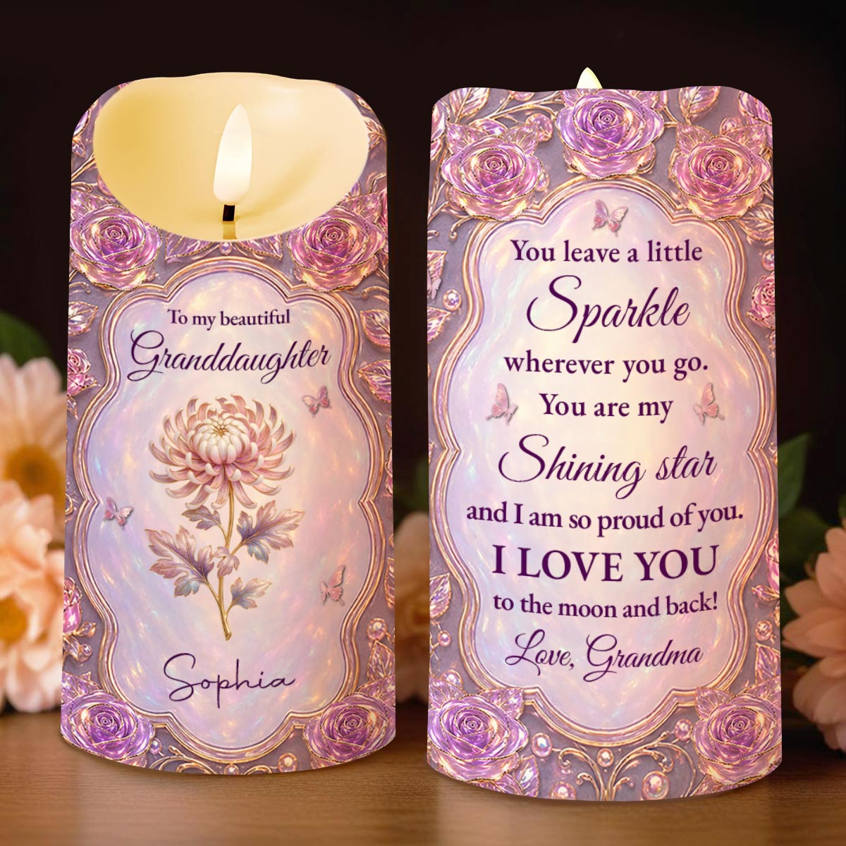 To My Beautiful Granddaughter Sparkle Wherever You Go Shining Star Purple Roses - Personalized Custom LED Candle - GDT765_LECA