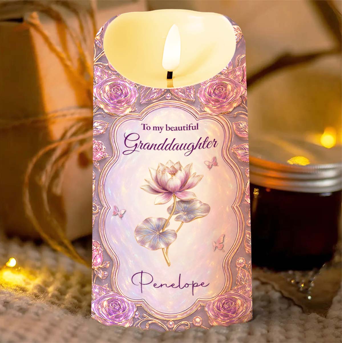 To My Beautiful Granddaughter Sparkle Wherever You Go Shining Star Purple Roses - Personalized Custom LED Candle - GDT765_LECA