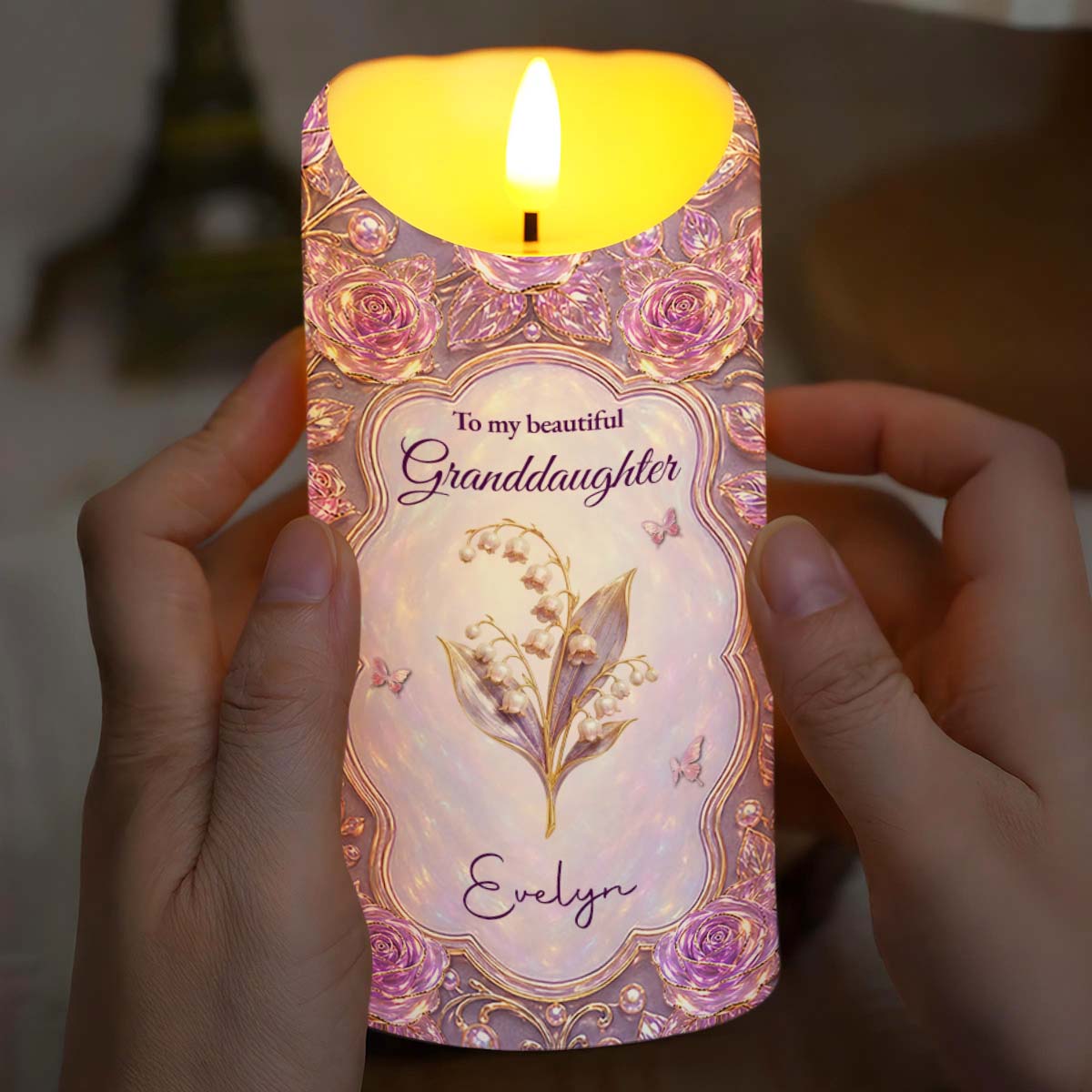 To My Beautiful Granddaughter Sparkle Wherever You Go Shining Star Purple Roses - Personalized Custom LED Candle - GDT765_LECA
