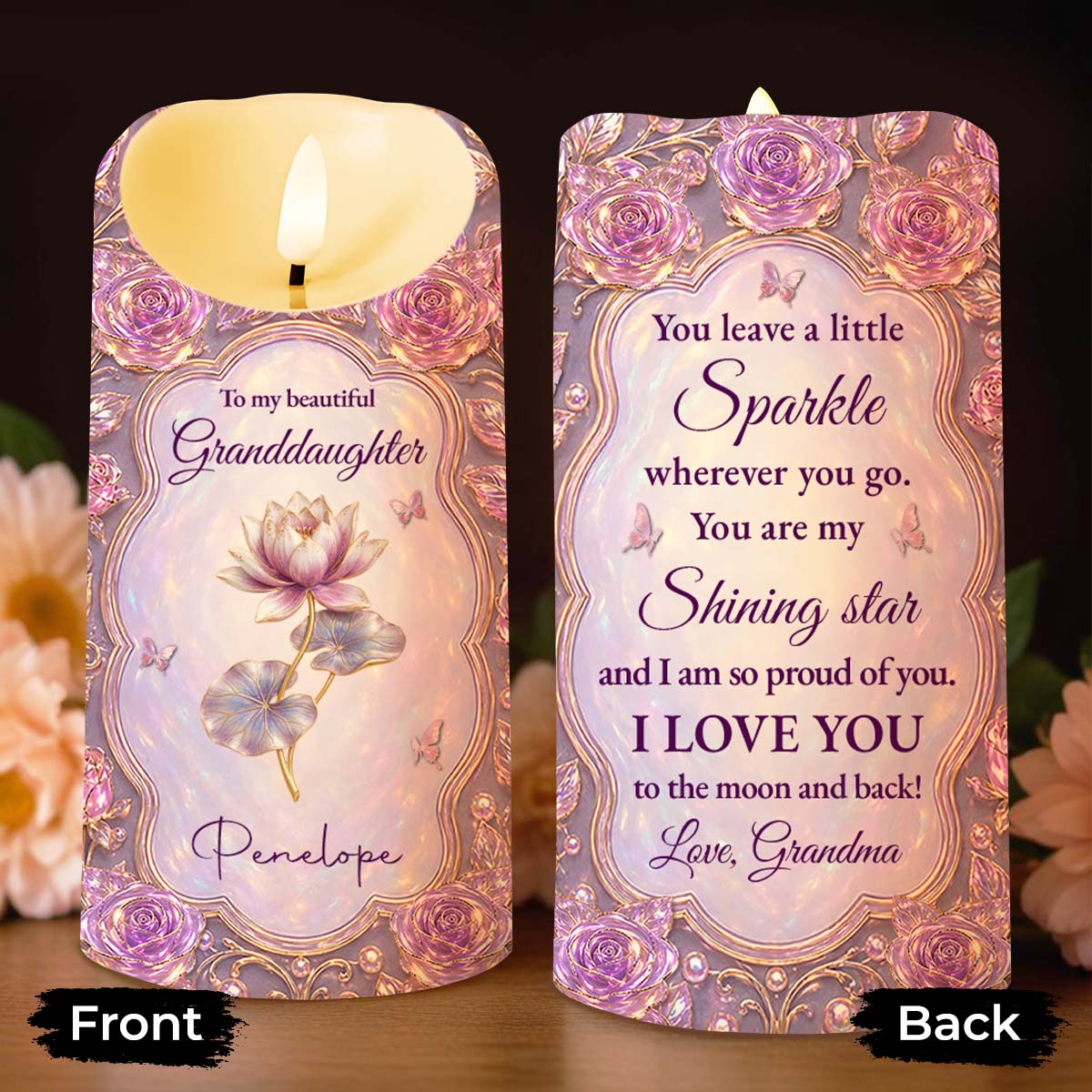 To My Beautiful Granddaughter Sparkle Wherever You Go Shining Star Purple Roses - Personalized Custom LED Candle - GDT765_LECA