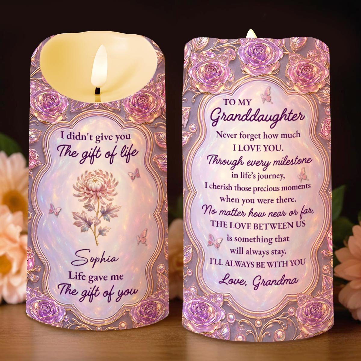 Life Gave Me The Gift Of You To My Granddaughter Rose Flower - Personalized Custom LED Candle - GDT766_LECA