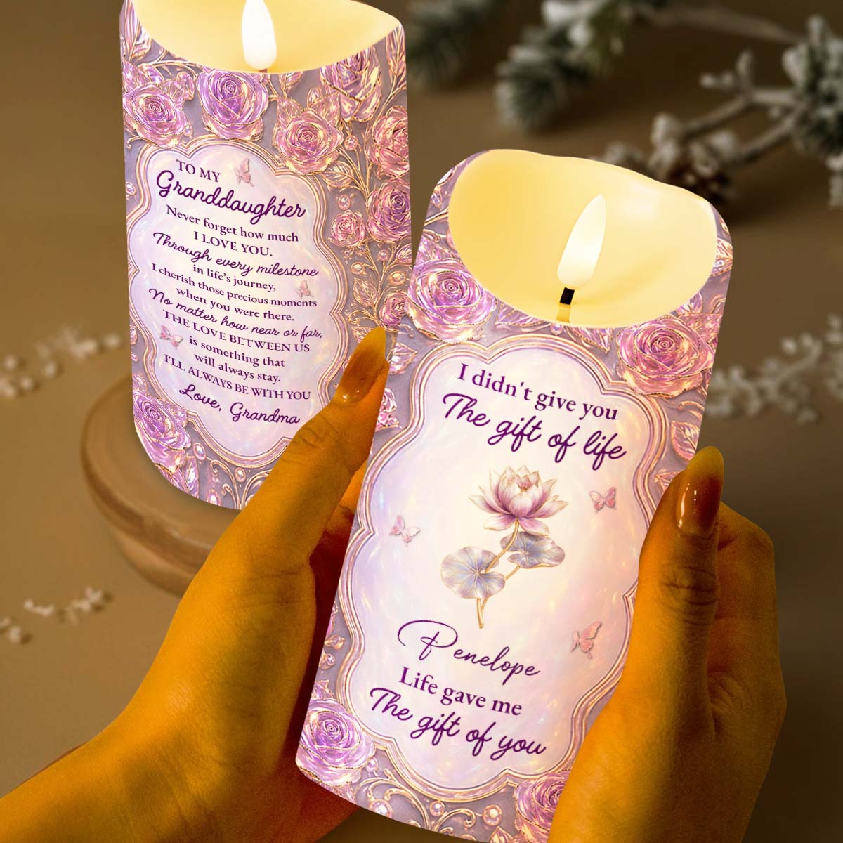 Life Gave Me The Gift Of You To My Granddaughter Rose Flower - Personalized Custom LED Candle - GDT766_LECA