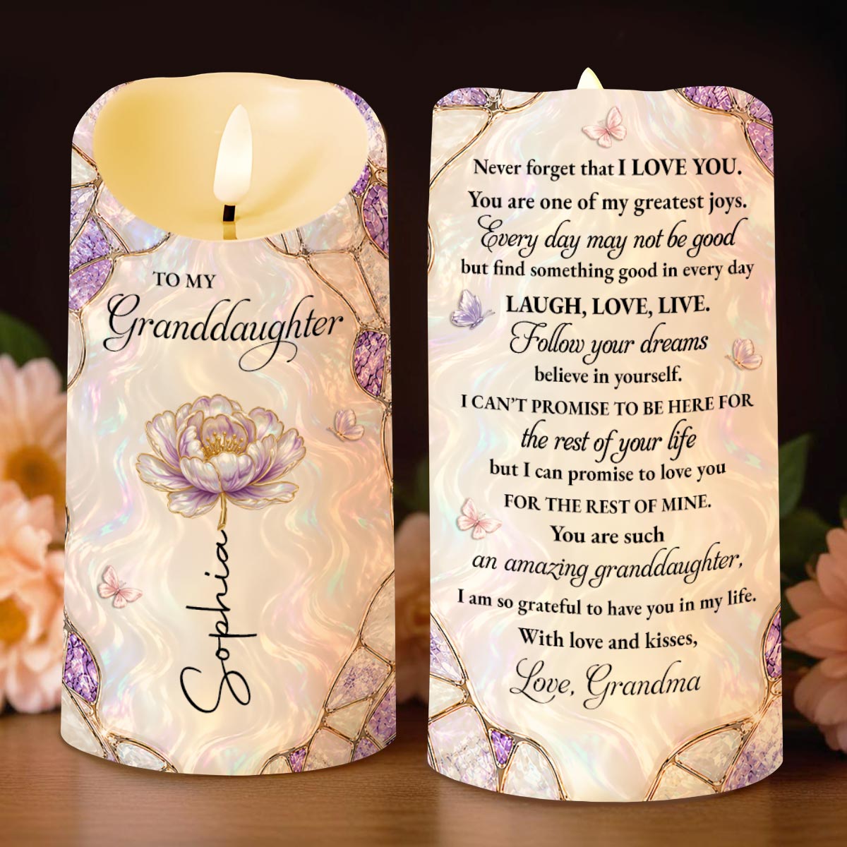 To My Granddaughter Never Forget That I Love You Flower Butterflies - Personalized Custom LED Candle - GDT774_LECA