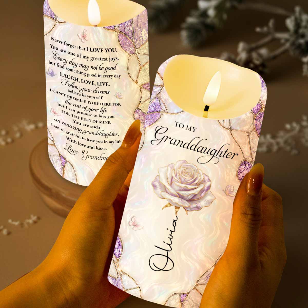 To My Granddaughter Never Forget That I Love You Flower Butterflies - Personalized Custom LED Candle - GDT774_LECA