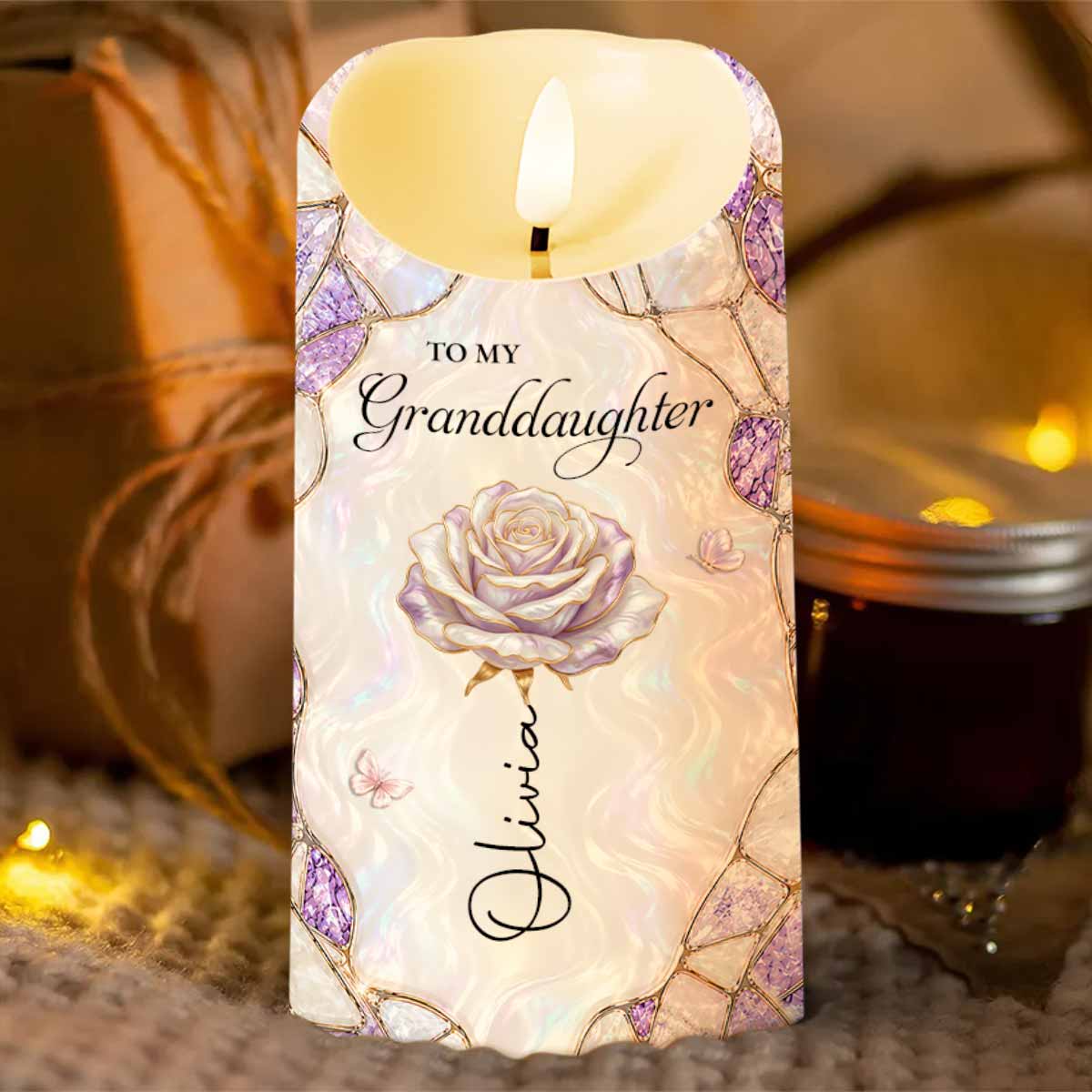 To My Granddaughter Never Forget That I Love You Flower Butterflies - Personalized Custom LED Candle - GDT774_LECA
