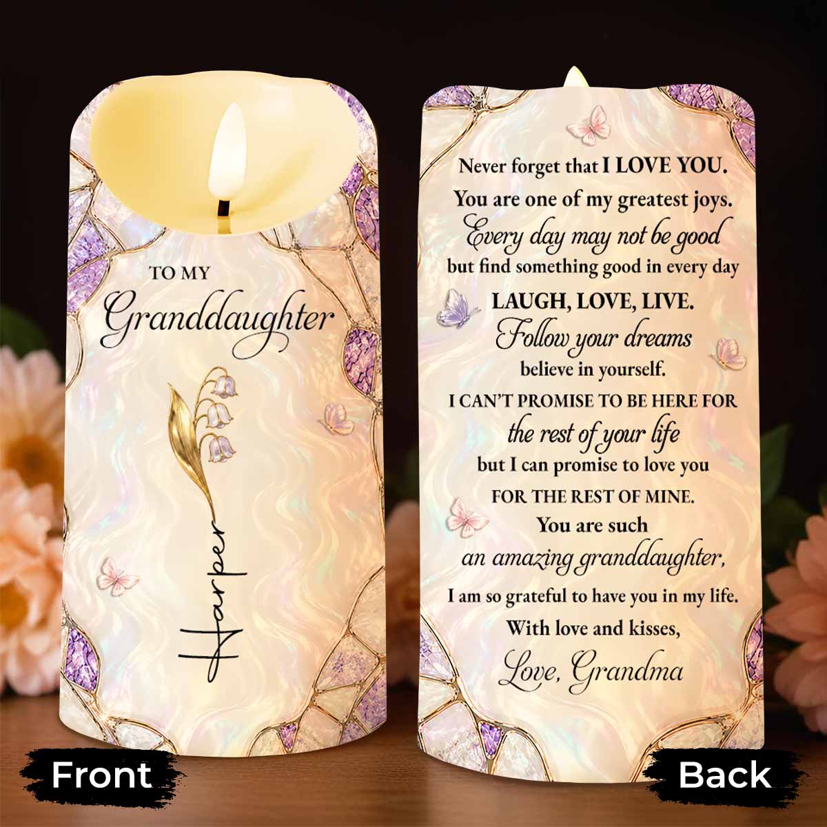 To My Granddaughter Never Forget That I Love You Flower Butterflies - Personalized Custom LED Candle - GDT774_LECA