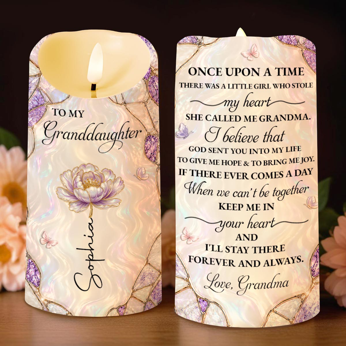 To My Granddaughter Once Upon A Time Flower And Butterflies - Personalized Custom LED Candle - GDT775_LECA
