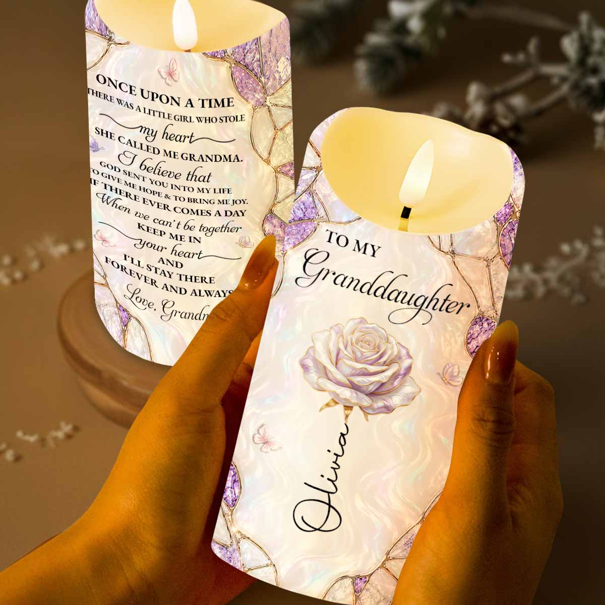 To My Granddaughter Once Upon A Time Flower And Butterflies - Personalized Custom LED Candle - GDT775_LECA