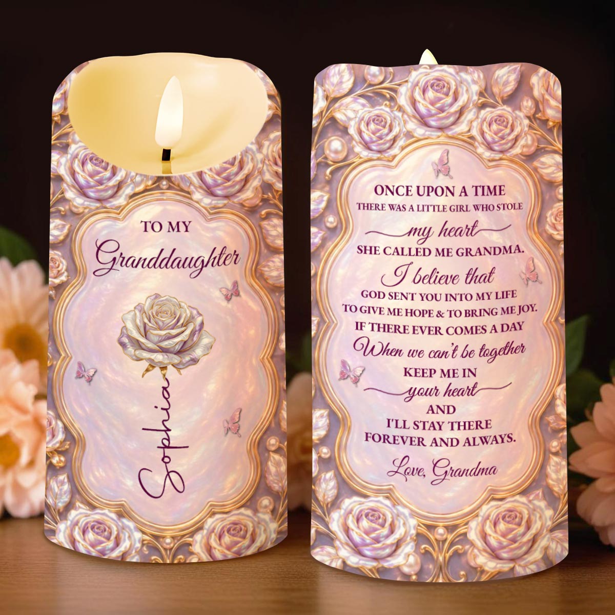 To My Granddaughter Once Upon A Time Roses And Butterflies - Personalized Custom LED Candle - GDT778_LECA