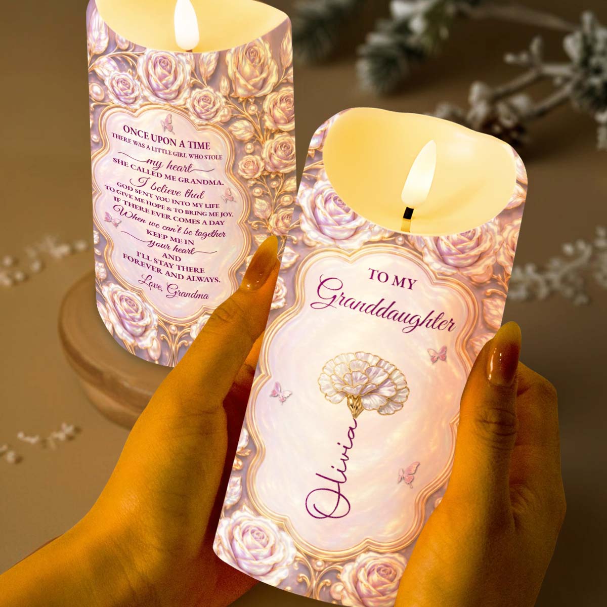 To My Granddaughter Once Upon A Time Roses And Butterflies - Personalized Custom LED Candle - GDT778_LECA