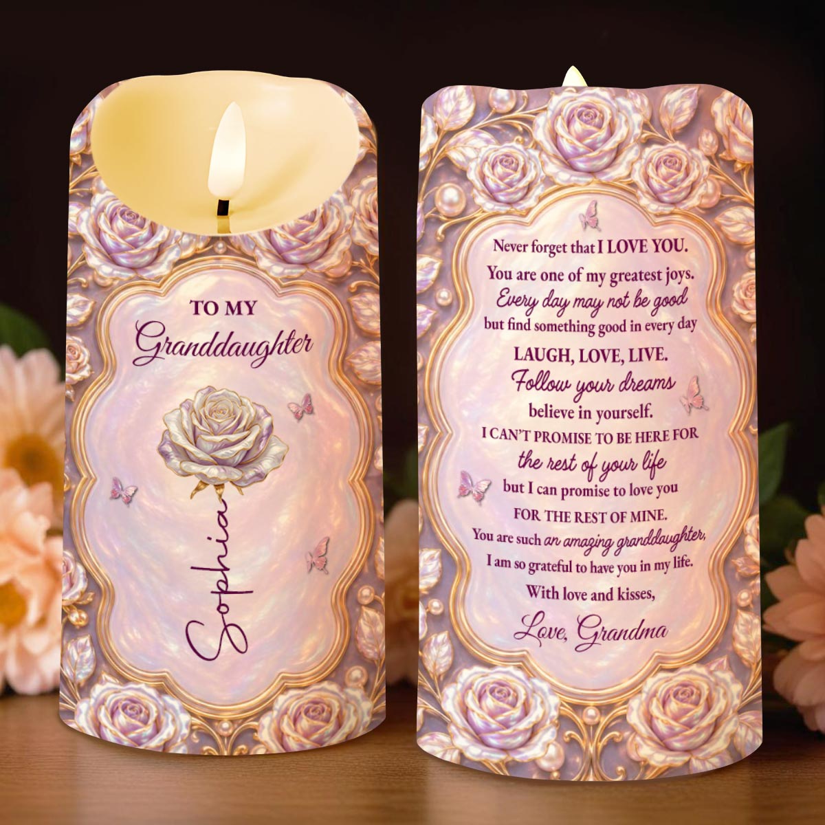 To My Granddaughter Never Forget I Love You Rose Flower - Personalized Custom LED Candle - GDT779_LECA