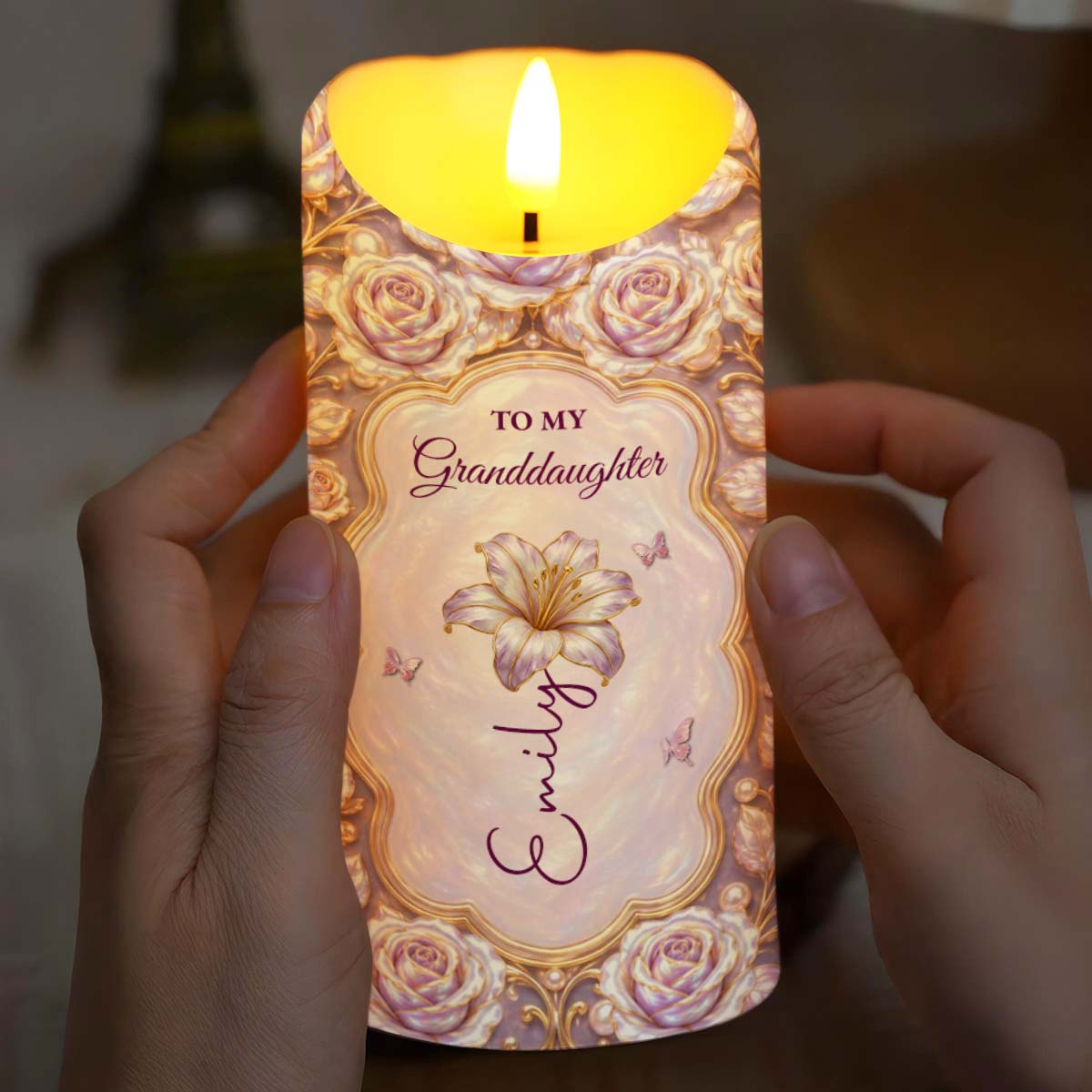 To My Granddaughter Never Forget I Love You Rose Flower - Personalized Custom LED Candle - GDT779_LECA