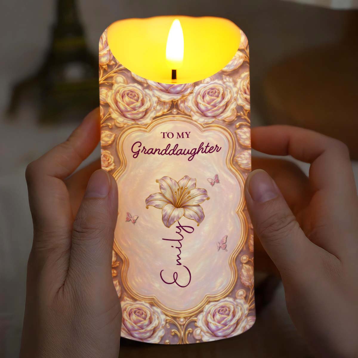 To My Granddaughter Remember Whose Granddaughter You Are Roses And Crown - Personalized Custom LED Candle - GDT780_LECA