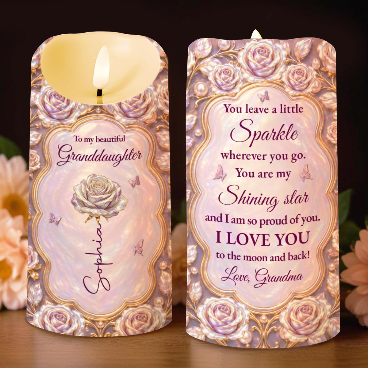To My Beautiful Granddaughter Sparkle Wherever You Go Rose Butterfly - Personalized Custom LED Candle - GDT782_LECA