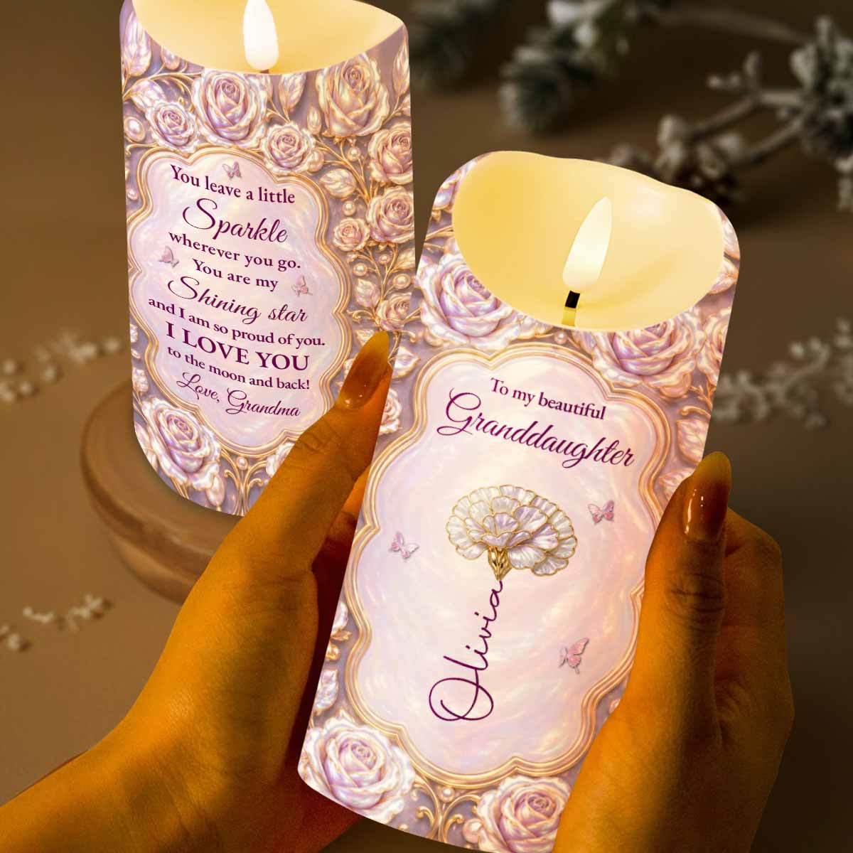To My Beautiful Granddaughter Sparkle Wherever You Go Rose Butterfly - Personalized Custom LED Candle - GDT782_LECA