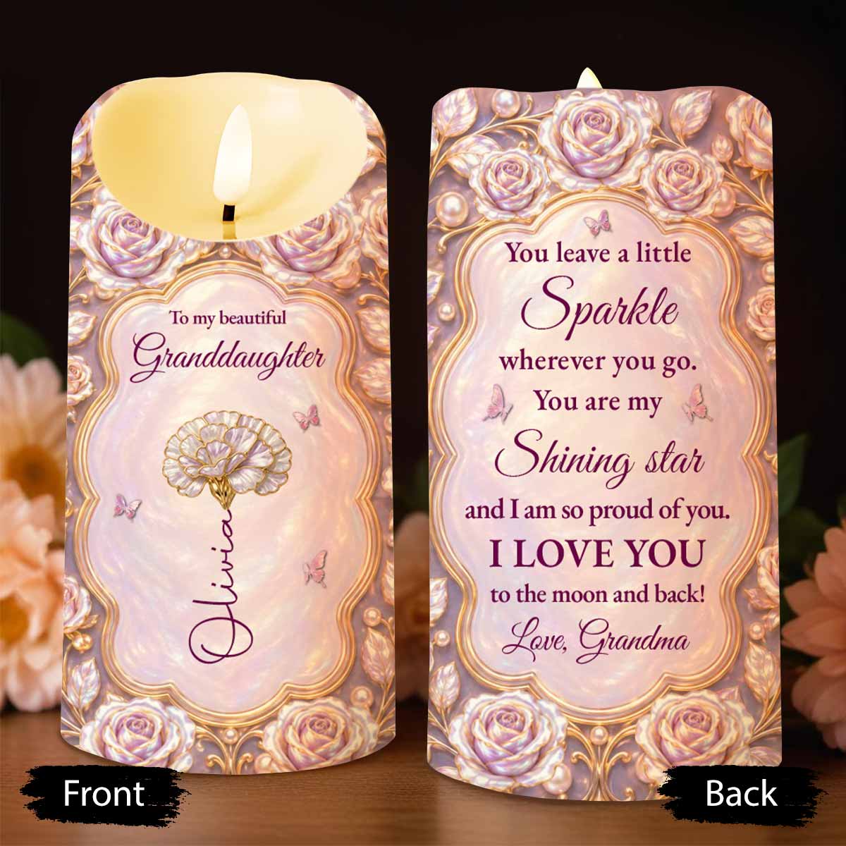 To My Beautiful Granddaughter Sparkle Wherever You Go Rose Butterfly - Personalized Custom LED Candle - GDT782_LECA