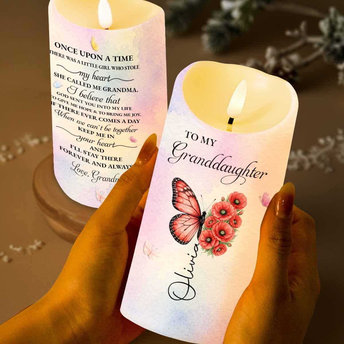 To My Granddaughter Once Upon A Time Butterfly Birth Month Flowers - Personalized Custom LED Candle - GDT791_LECA