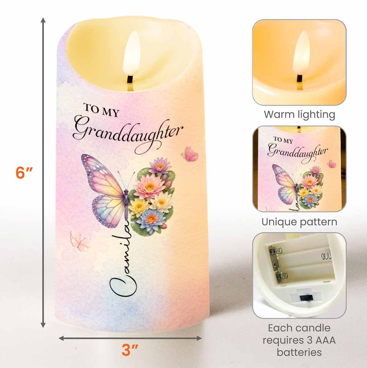 To My Granddaughter Once Upon A Time Butterfly Birth Month Flowers - Personalized Custom LED Candle - GDT791_LECA