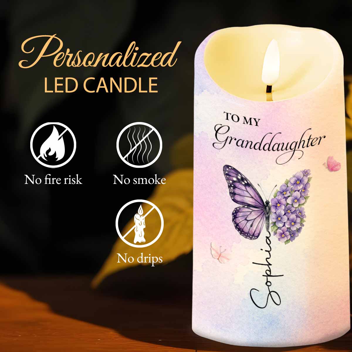 To My Granddaughter Once Upon A Time Butterfly Birth Month Flowers - Personalized Custom LED Candle - GDT791_LECA