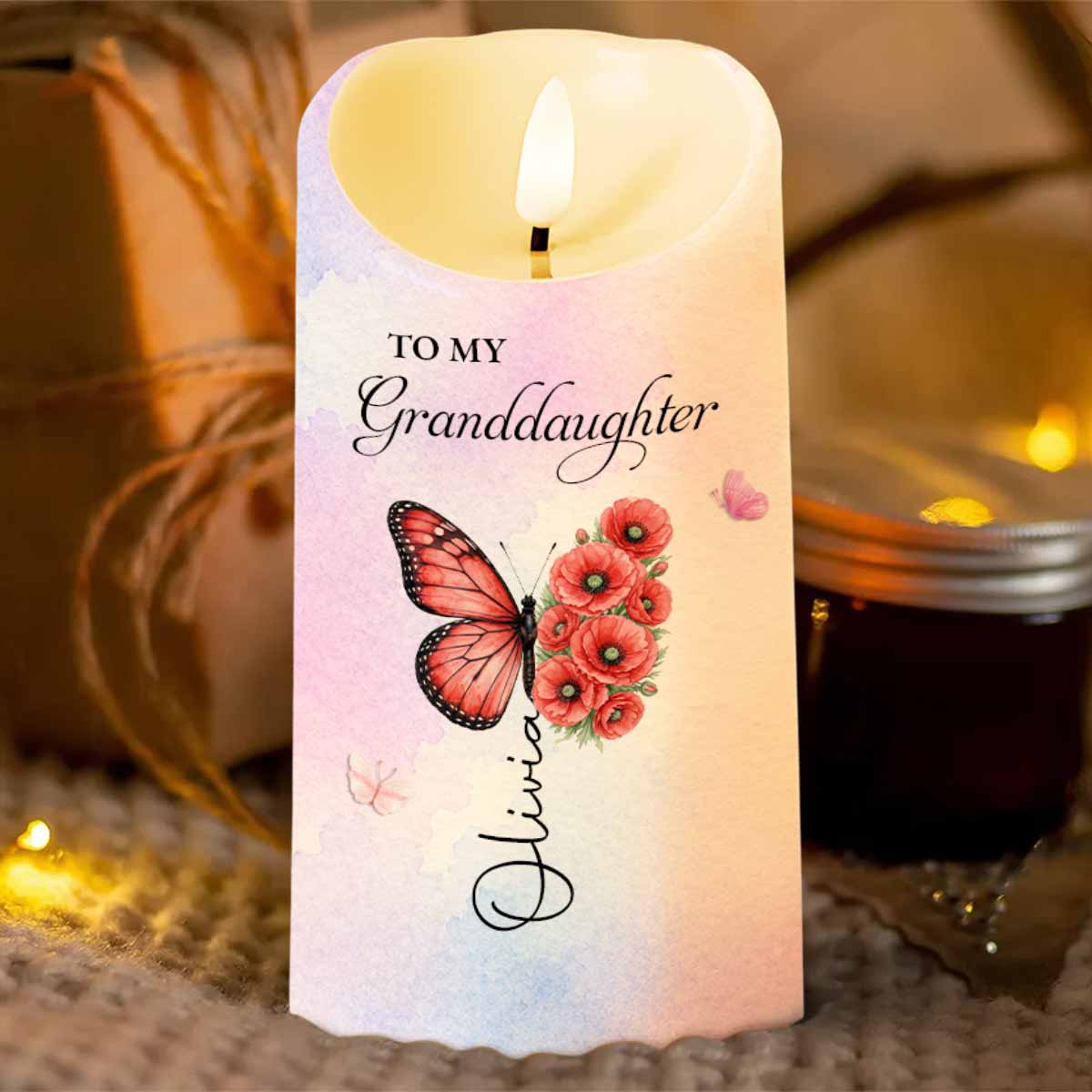 To My Granddaughter Once Upon A Time Butterfly Birth Month Flowers - Personalized Custom LED Candle - GDT791_LECA