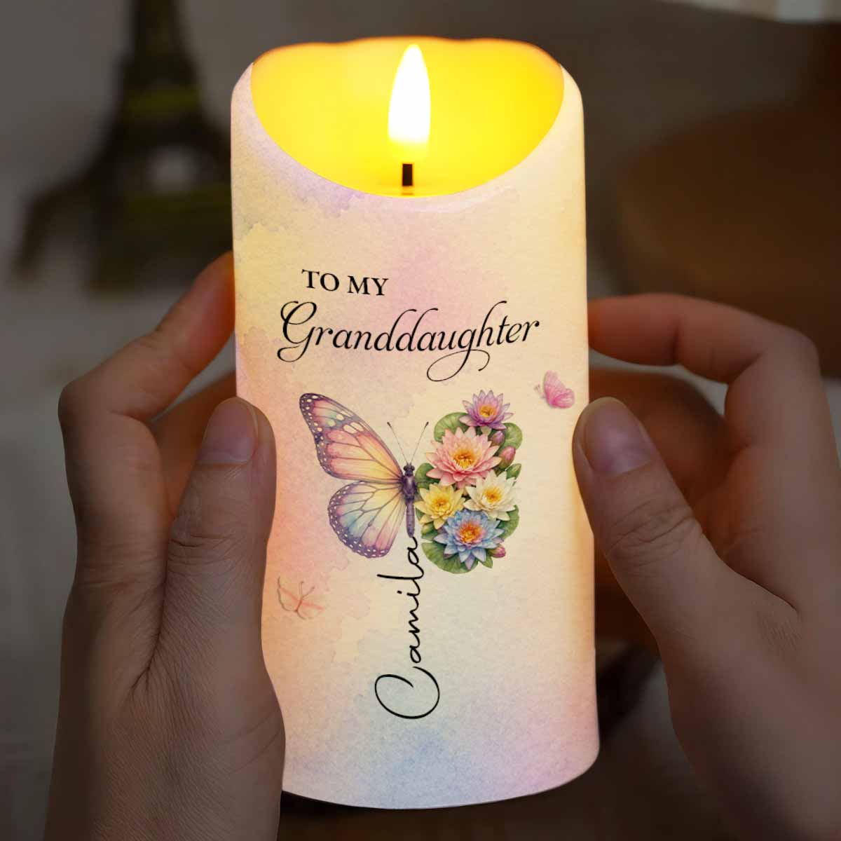 To My Granddaughter Once Upon A Time Butterfly Birth Month Flowers - Personalized Custom LED Candle - GDT791_LECA