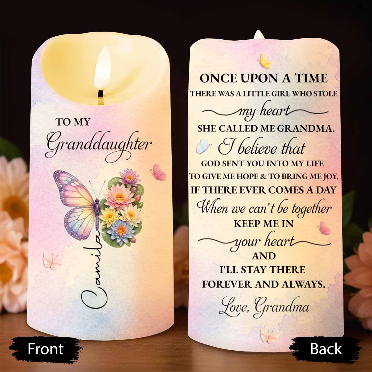 To My Granddaughter Once Upon A Time Butterfly Birth Month Flowers - Personalized Custom LED Candle - GDT791_LECA