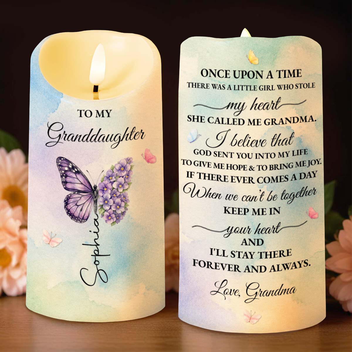To My Granddaughter Once Upon A Time Butterfly And Flower - Personalized Custom LED Candle - GDT793_LECA