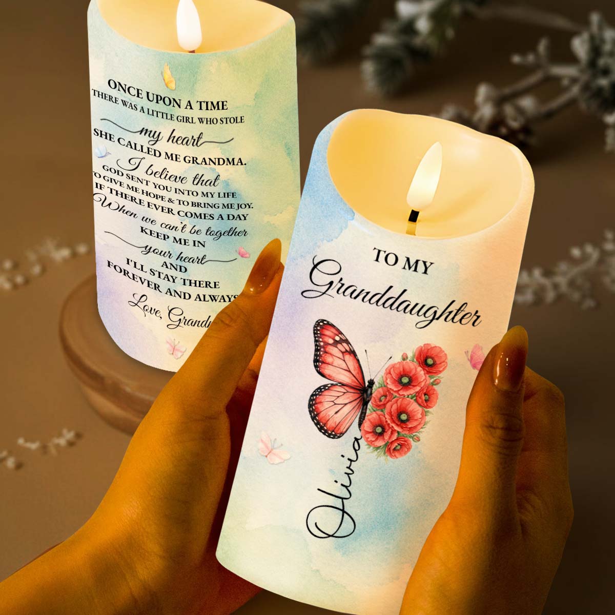 To My Granddaughter Once Upon A Time Butterfly And Flower - Personalized Custom LED Candle - GDT793_LECA