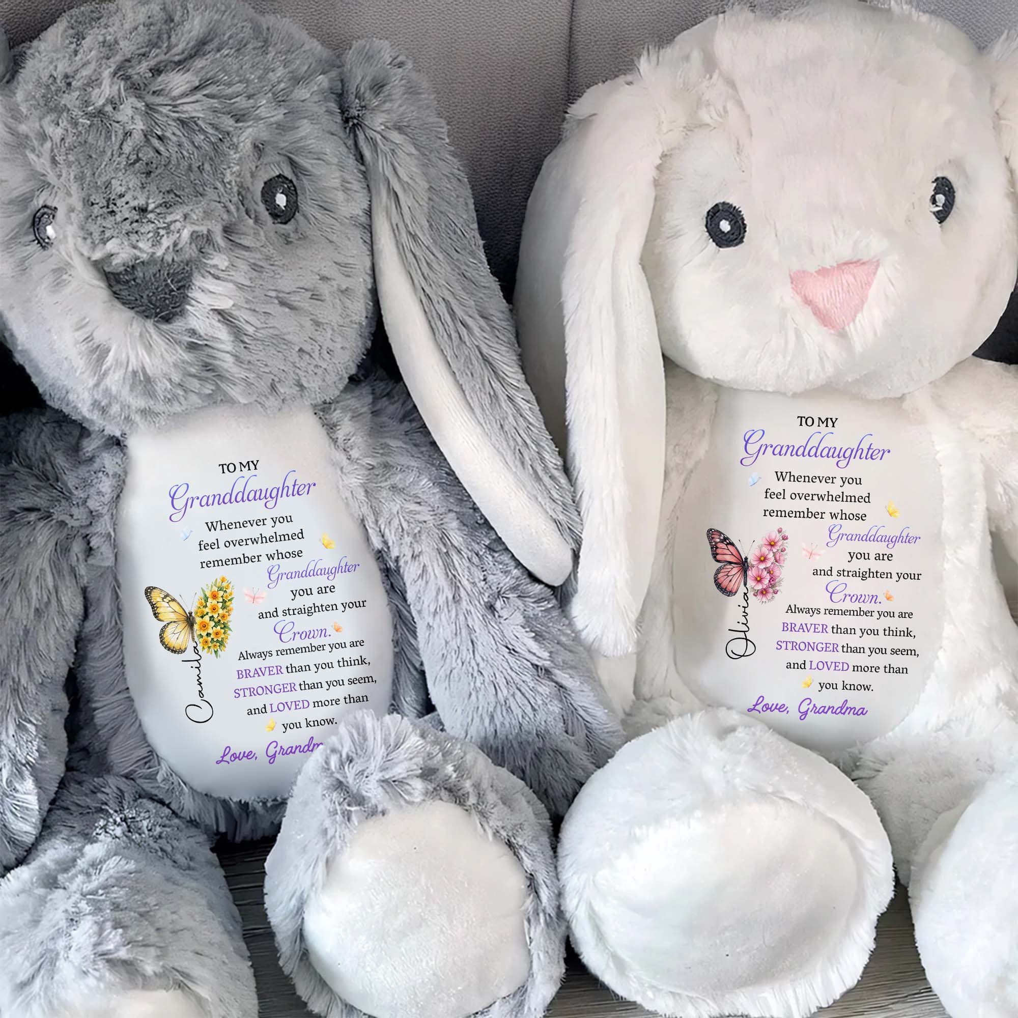To My Granddaughter Straighten Your Crown Butterfly Flower Design - Personalized Stuffed Bunny - GDT794_BUN