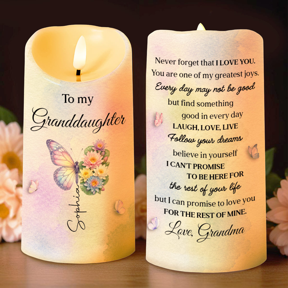 To My Granddaughter Never Forget I Love You Butterfly And Flowers - Personalized Custom LED Candle - GDT795_LECA