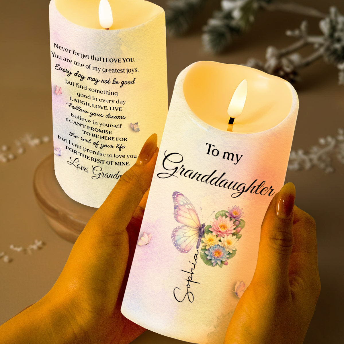 To My Granddaughter Never Forget I Love You Butterfly And Flowers - Personalized Custom LED Candle - GDT795_LECA