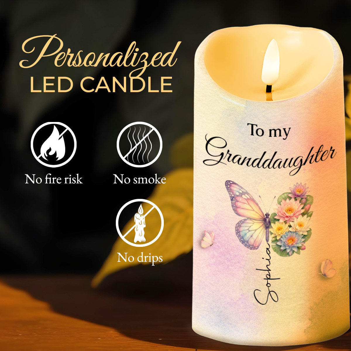 To My Granddaughter Never Forget I Love You Butterfly And Flowers - Personalized Custom LED Candle - GDT795_LECA