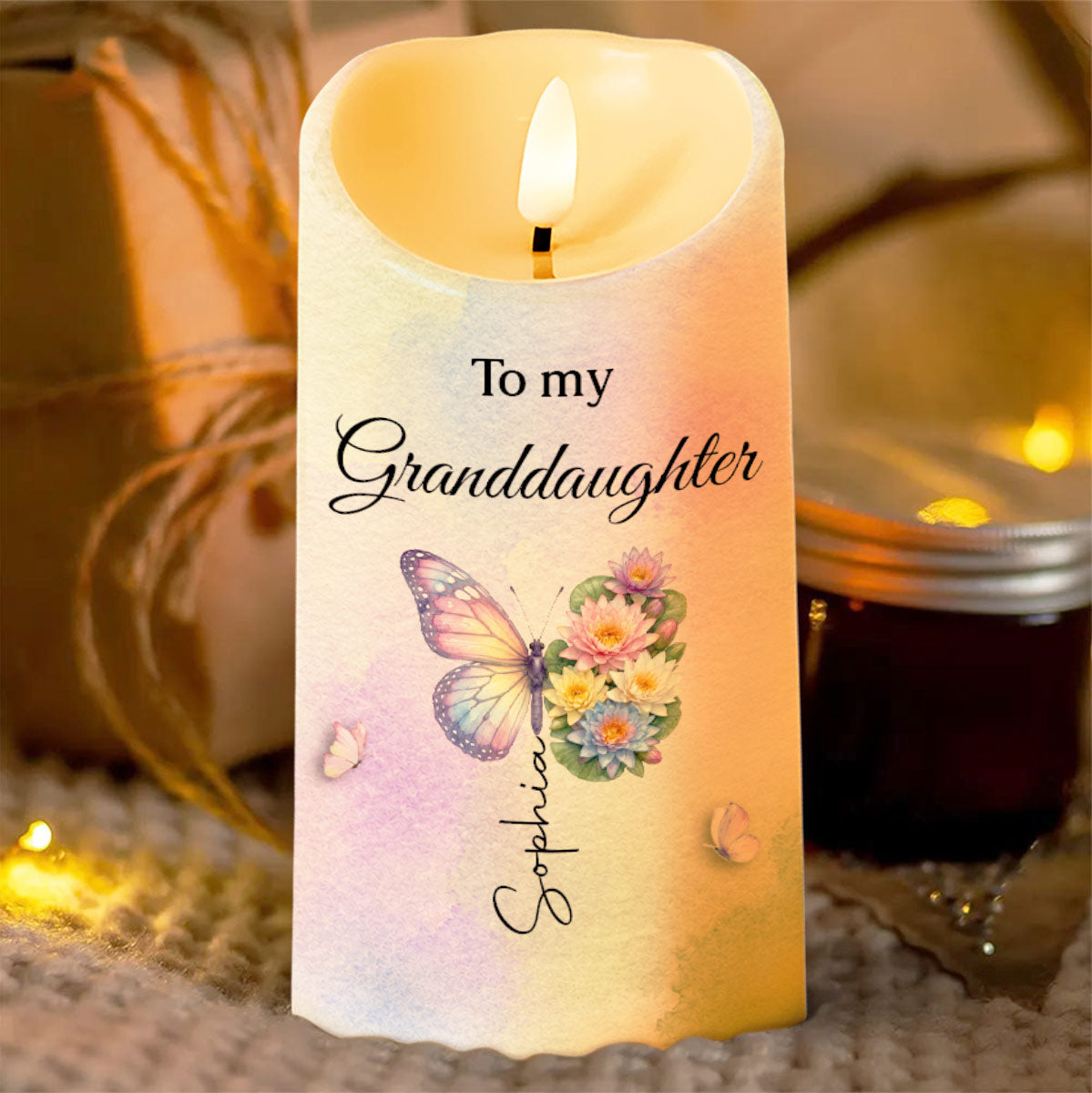 To My Granddaughter Never Forget I Love You Butterfly And Flowers - Personalized Custom LED Candle - GDT795_LECA