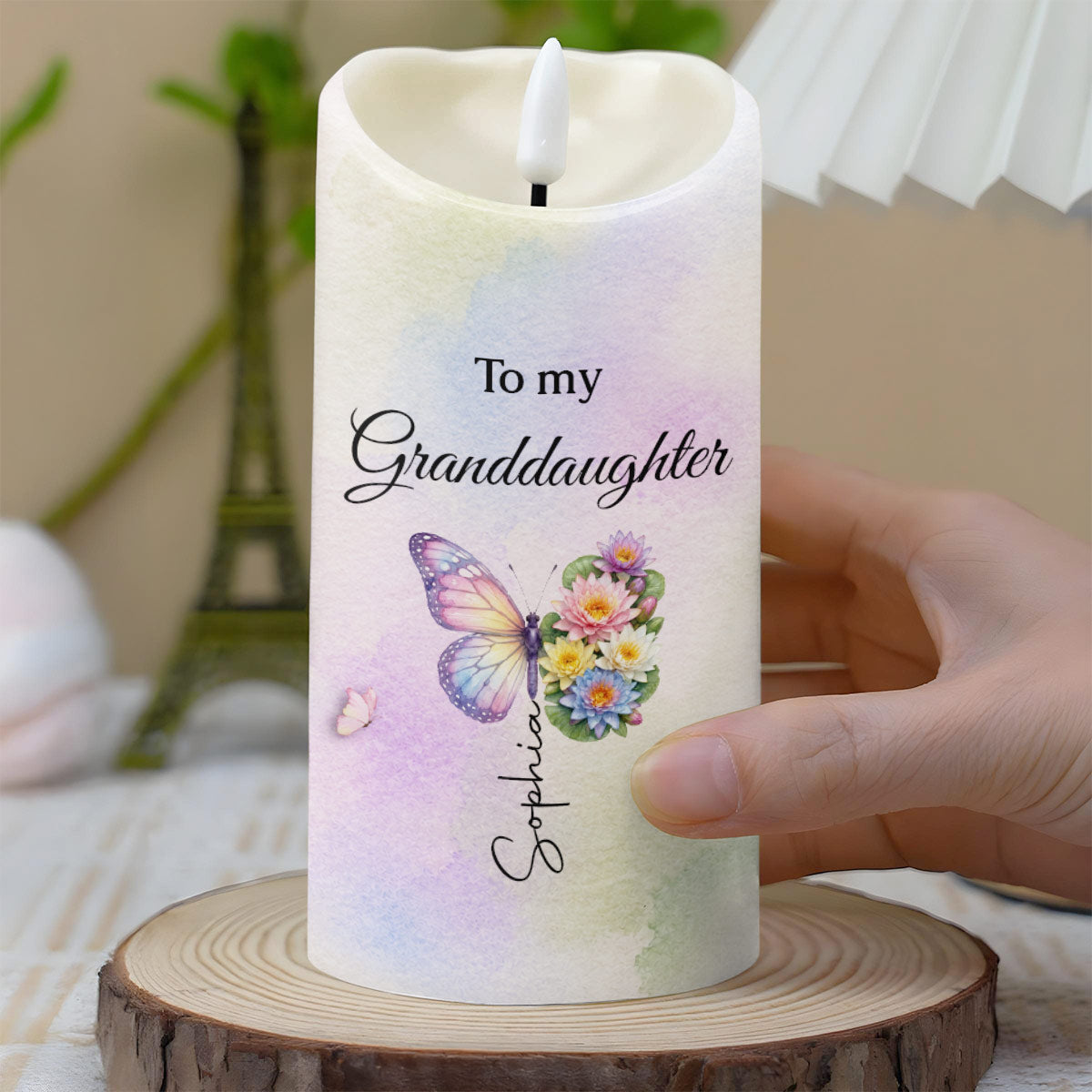 To My Granddaughter Never Forget I Love You Butterfly And Flowers - Personalized Custom LED Candle - GDT795_LECA