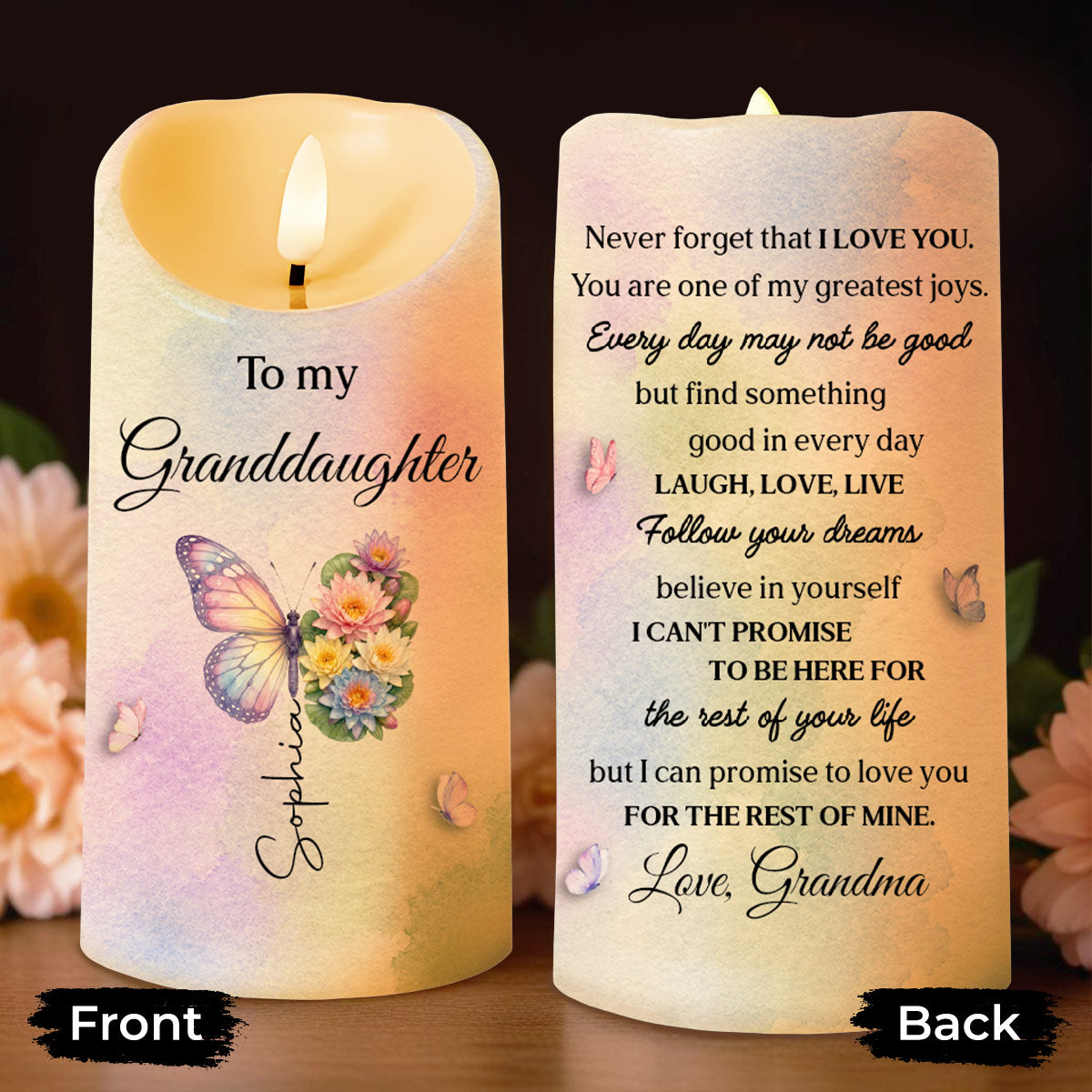 To My Granddaughter Never Forget I Love You Butterfly And Flowers - Personalized Custom LED Candle - GDT795_LECA