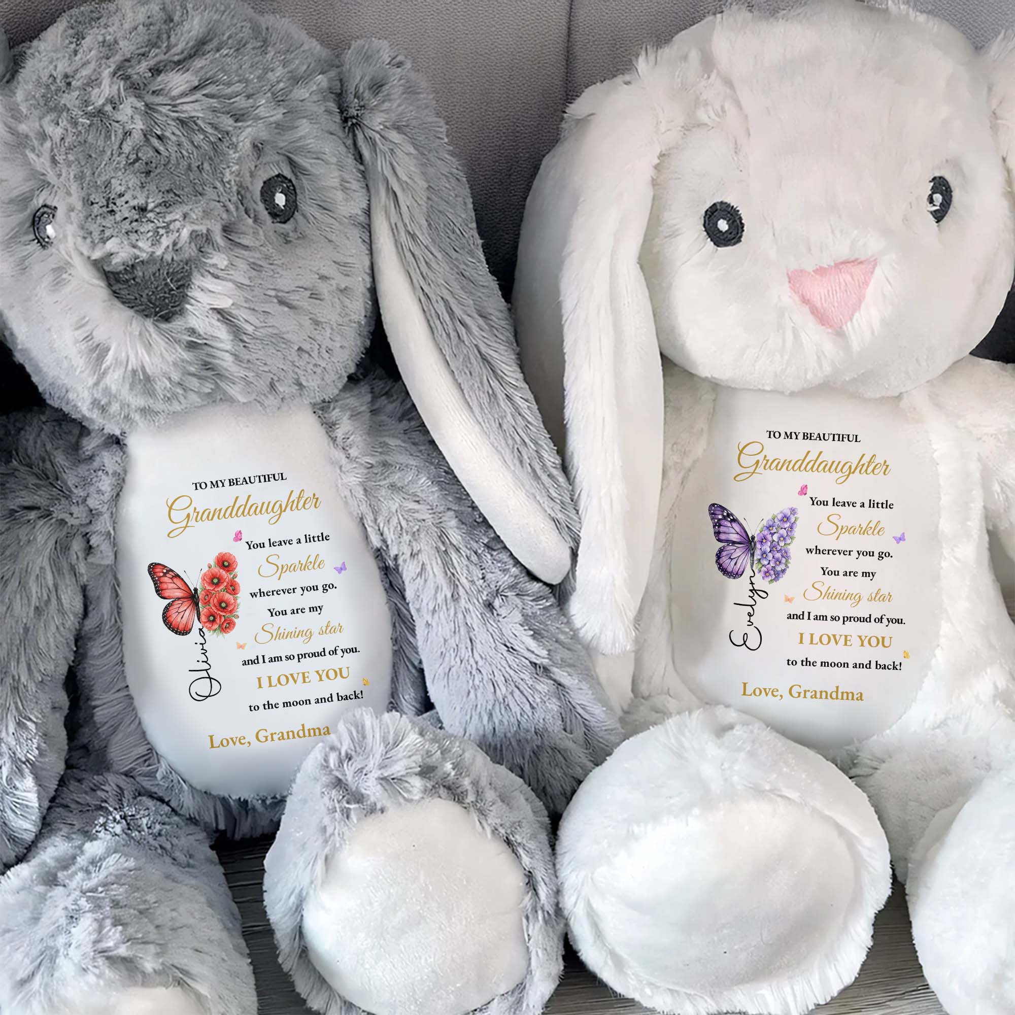To My Beautiful Granddaughter You Leave A Little Sparkle Butterfly Flower - Personalized Stuffed Bunny - GDT803_BUN