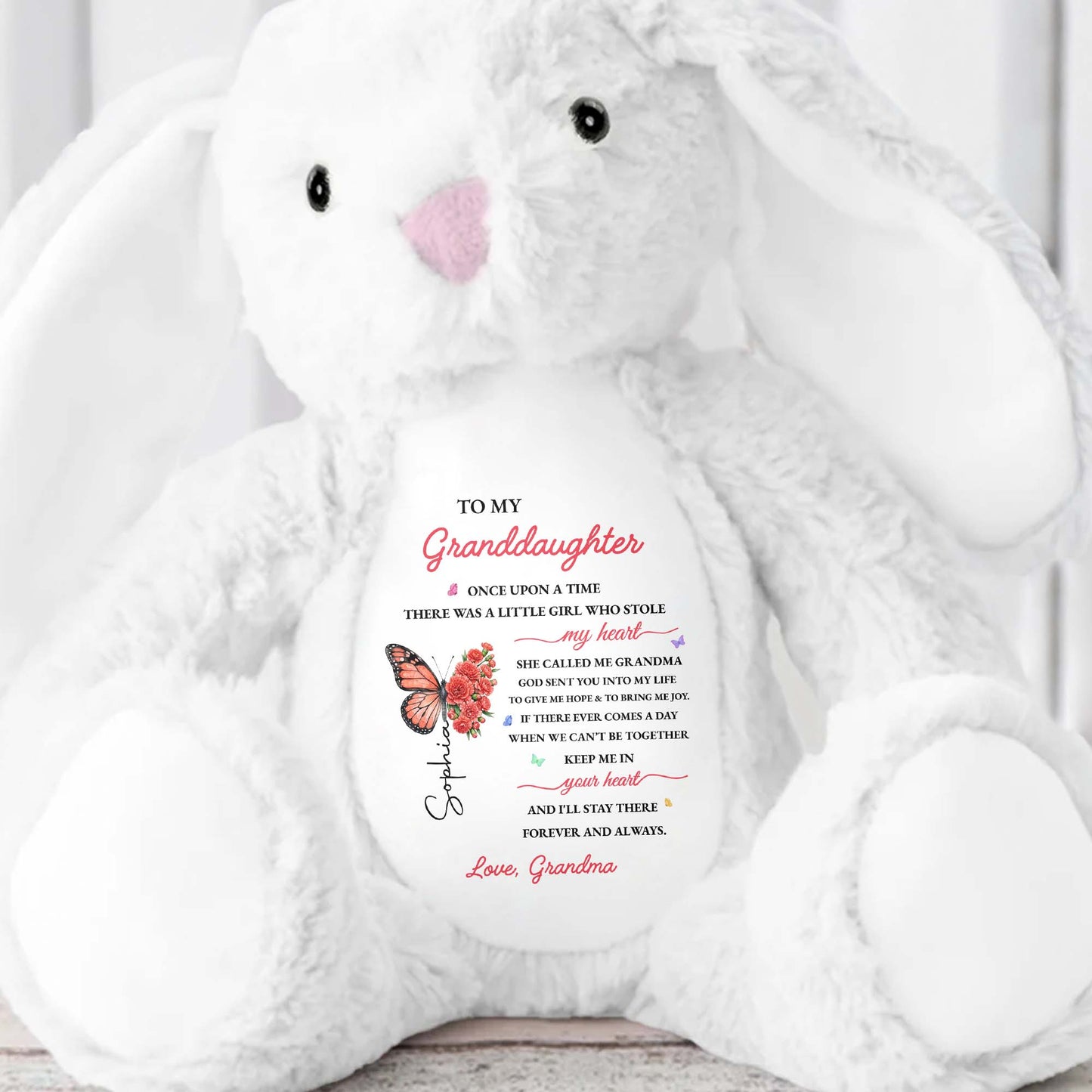 To My Granddaughter Once Upon A Time Butterfly And Flowers - Personalized Stuffed Bunny - GDT804_BUN