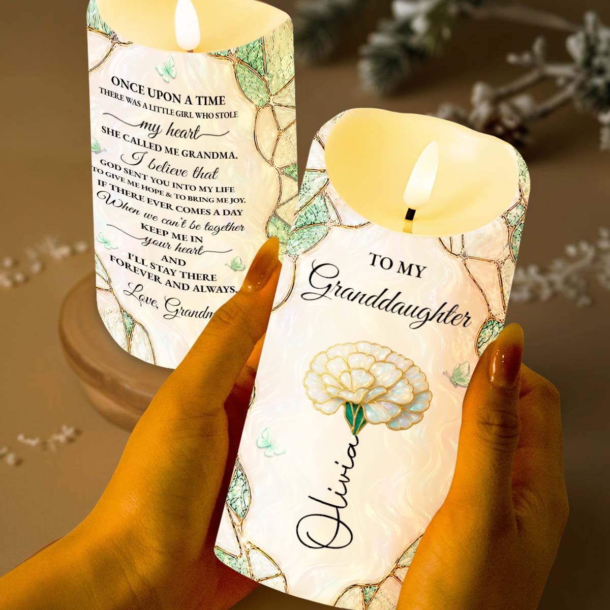 To My Granddaughter Once Upon A Time Flower Butterflies Pattern - Personalized Custom LED Candle - GDT805_LECA