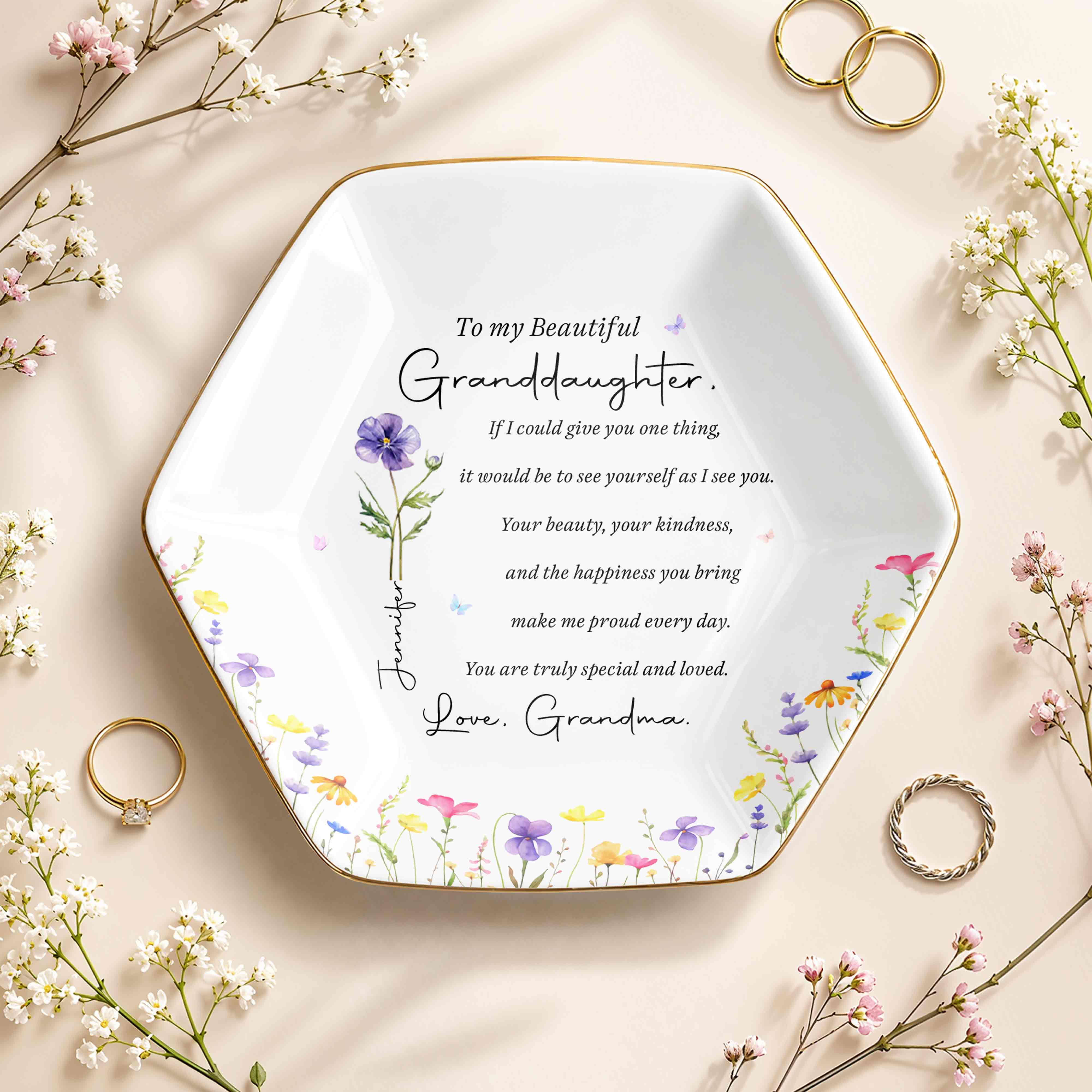 To My Beautiful Granddaughter Special And Loved Flower Design - Personalized Custom Jewelry Dish, Ceramic Dish, Hexagonal Shape - GDT808_HECRD