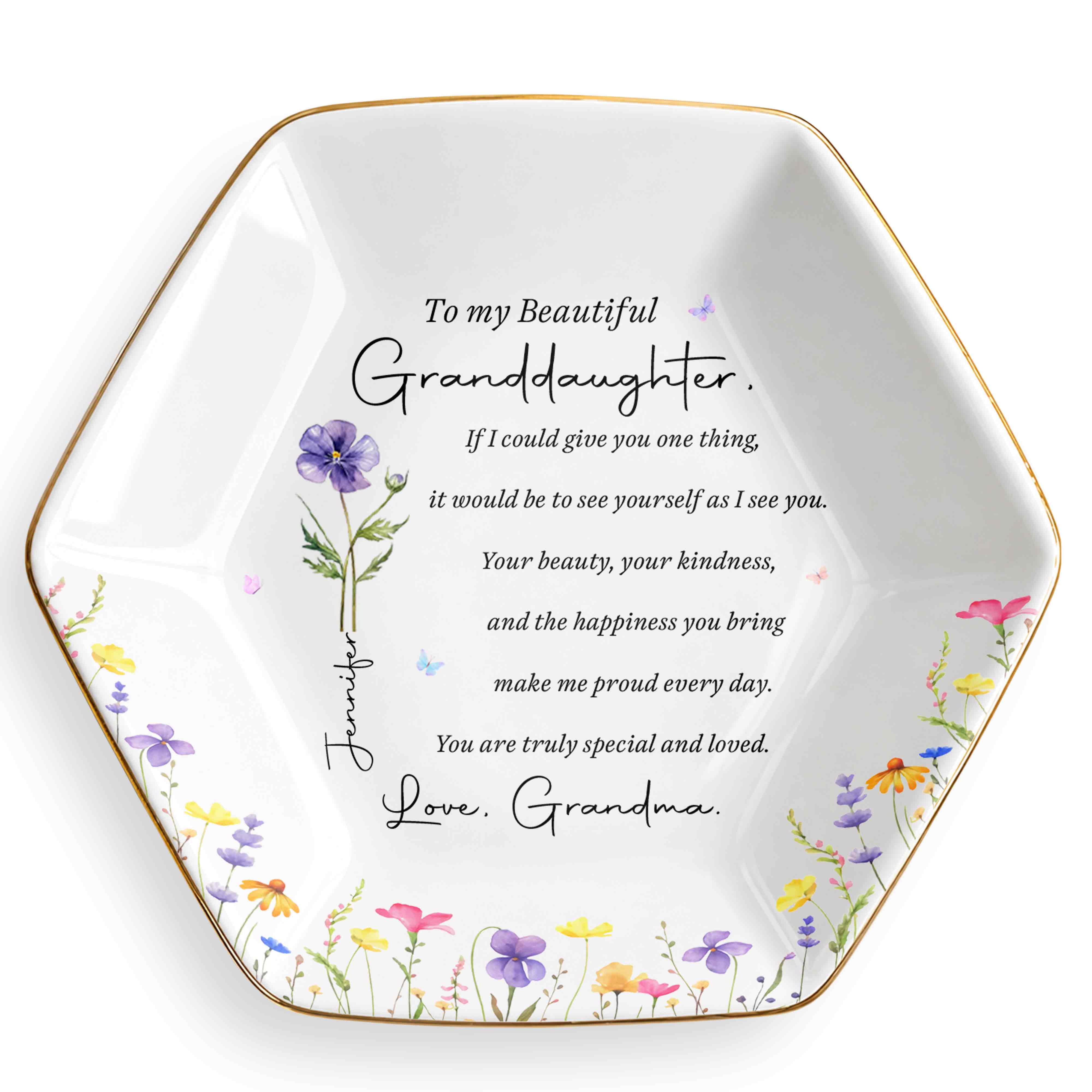 To My Beautiful Granddaughter Special And Loved Flower Design - Personalized Custom Jewelry Dish, Ceramic Dish, Hexagonal Shape - GDT808_HECRD