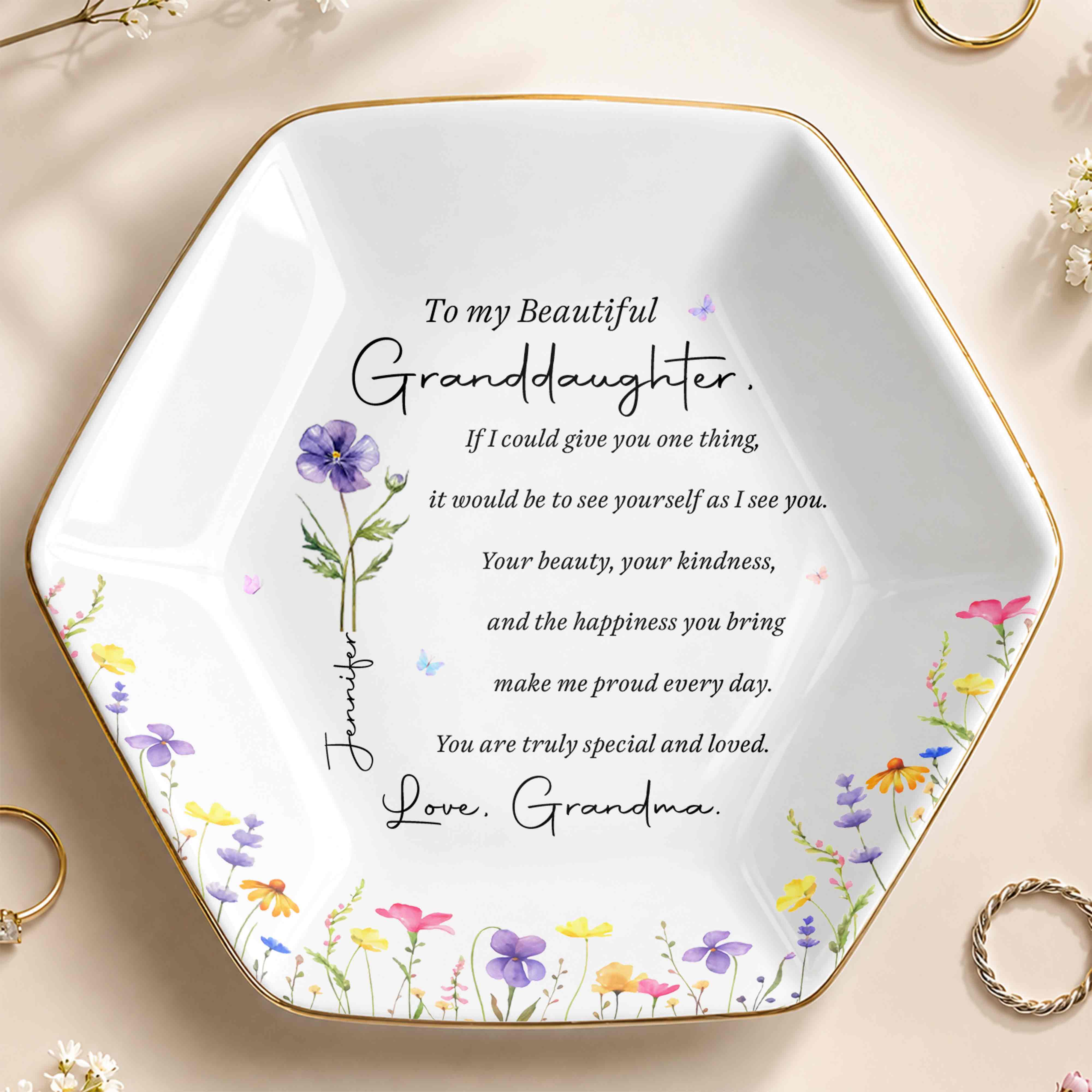 To My Beautiful Granddaughter Special And Loved Flower Design - Personalized Custom Jewelry Dish, Ceramic Dish, Hexagonal Shape - GDT808_HECRD