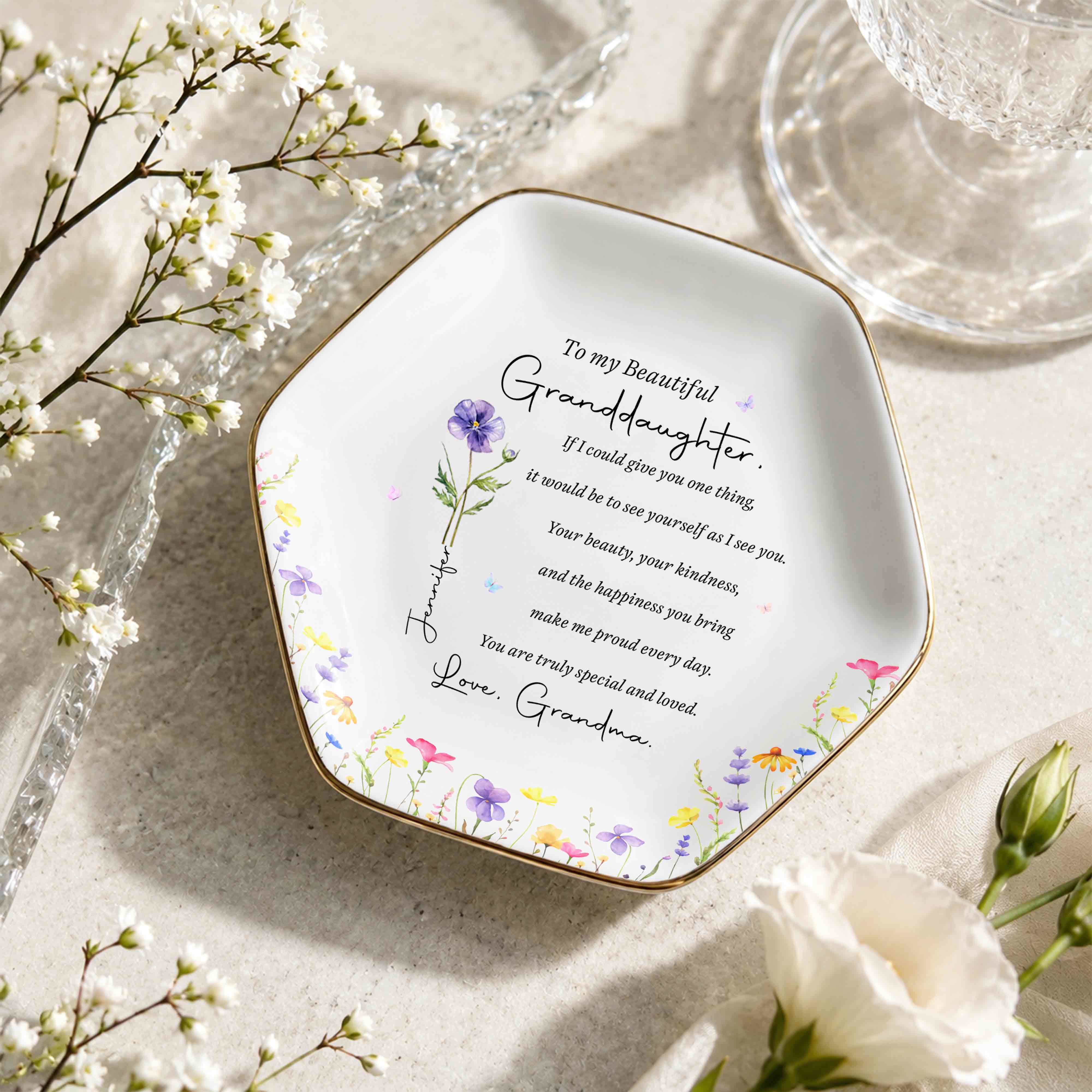 To My Beautiful Granddaughter Special And Loved Flower Design - Personalized Custom Jewelry Dish, Ceramic Dish, Hexagonal Shape - GDT808_HECRD