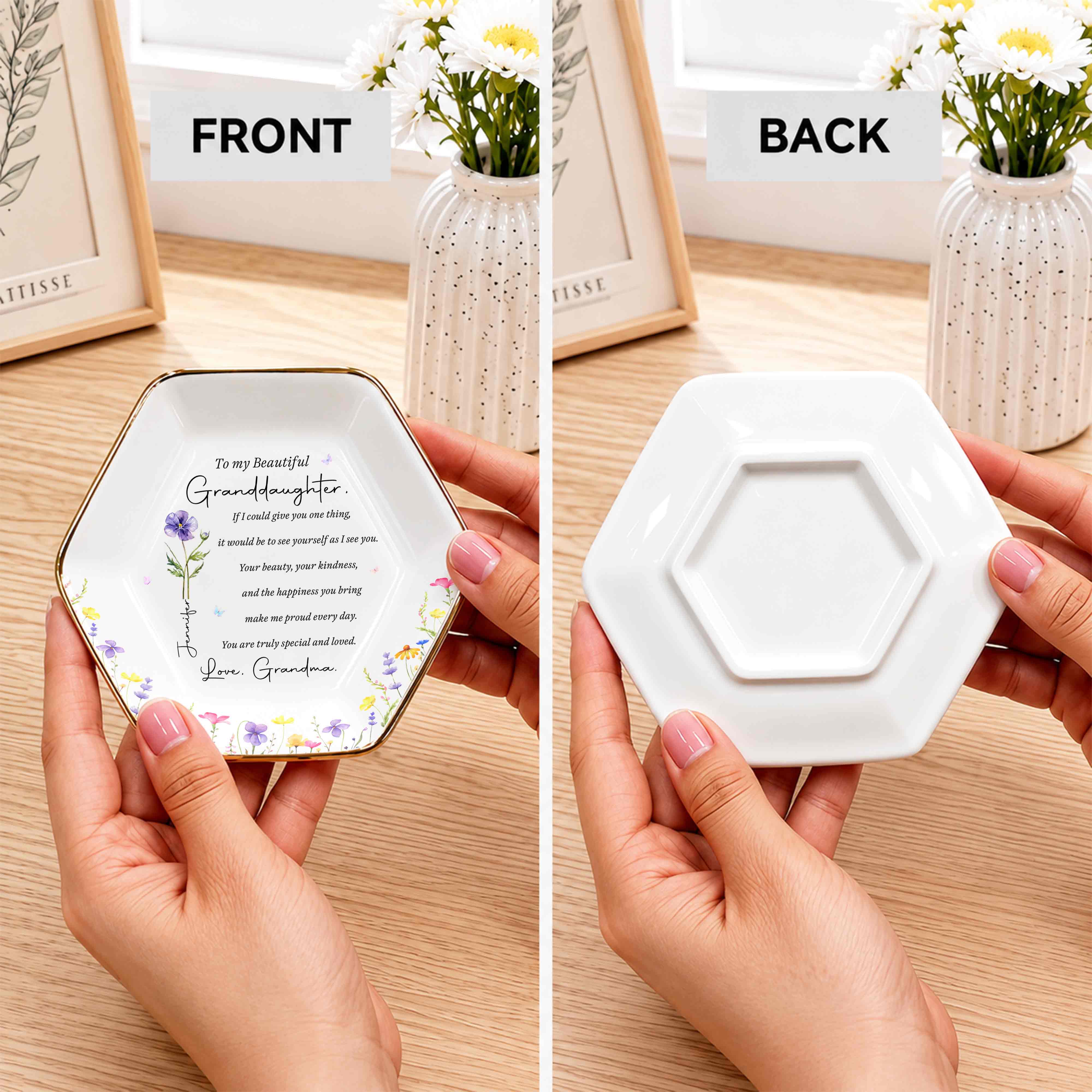 To My Beautiful Granddaughter Special And Loved Flower Design - Personalized Custom Jewelry Dish, Ceramic Dish, Hexagonal Shape - GDT808_HECRD