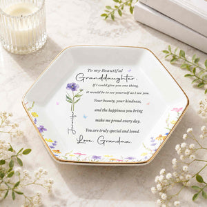 To My Beautiful Granddaughter Special And Loved Flower Design - Personalized Custom Jewelry Dish, Ceramic Dish, Hexagonal Shape - GDT808_HECRD