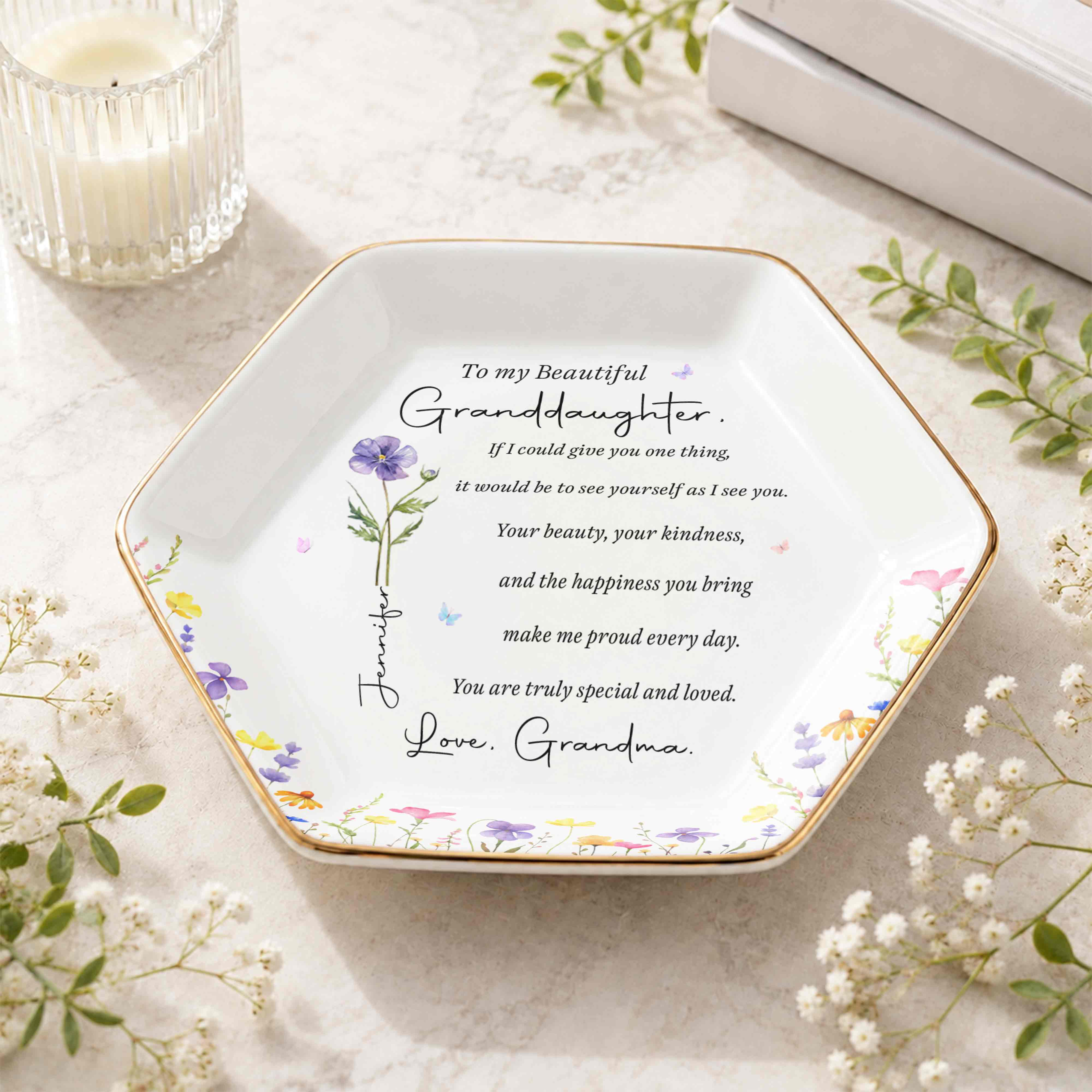 To My Beautiful Granddaughter Special And Loved Flower Design - Personalized Custom Jewelry Dish, Ceramic Dish, Hexagonal Shape - GDT808_HECRD