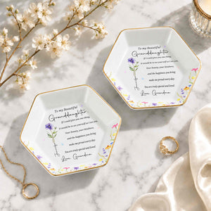 To My Beautiful Granddaughter Special And Loved Flower Design - Personalized Custom Jewelry Dish, Ceramic Dish, Hexagonal Shape - GDT808_HECRD